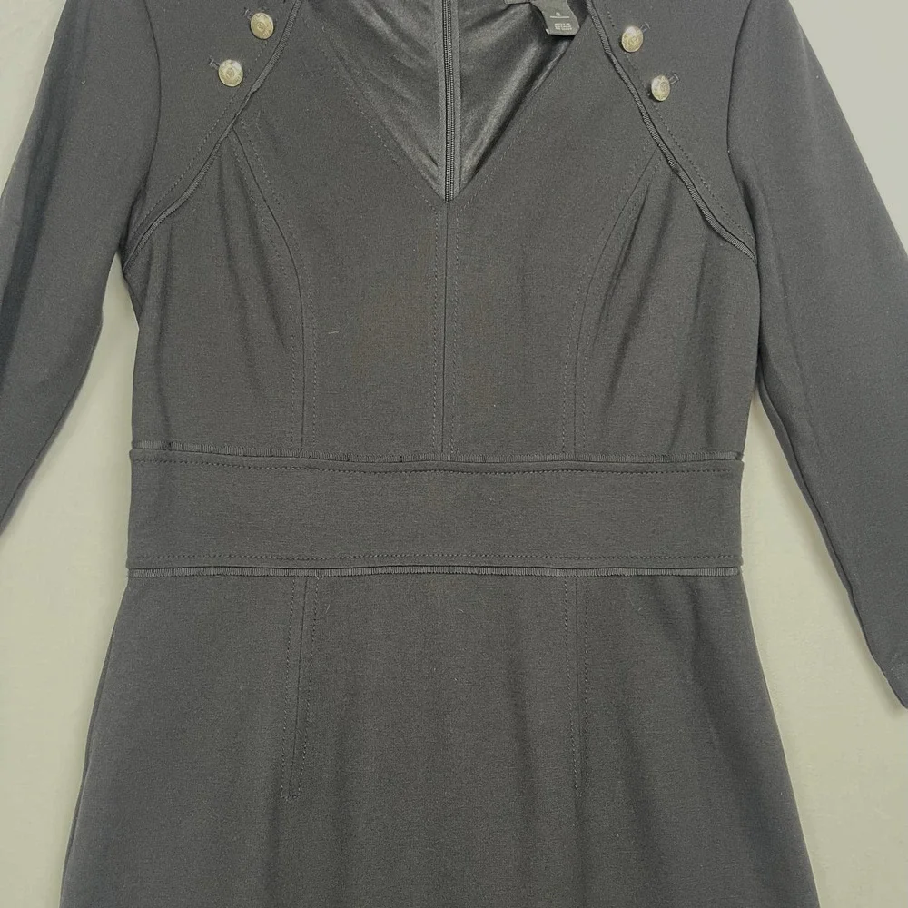 Ponte Knit White House Black Market Black Dress, Military Goldtone Buttons, Sz 2 - Picture 8 of 16